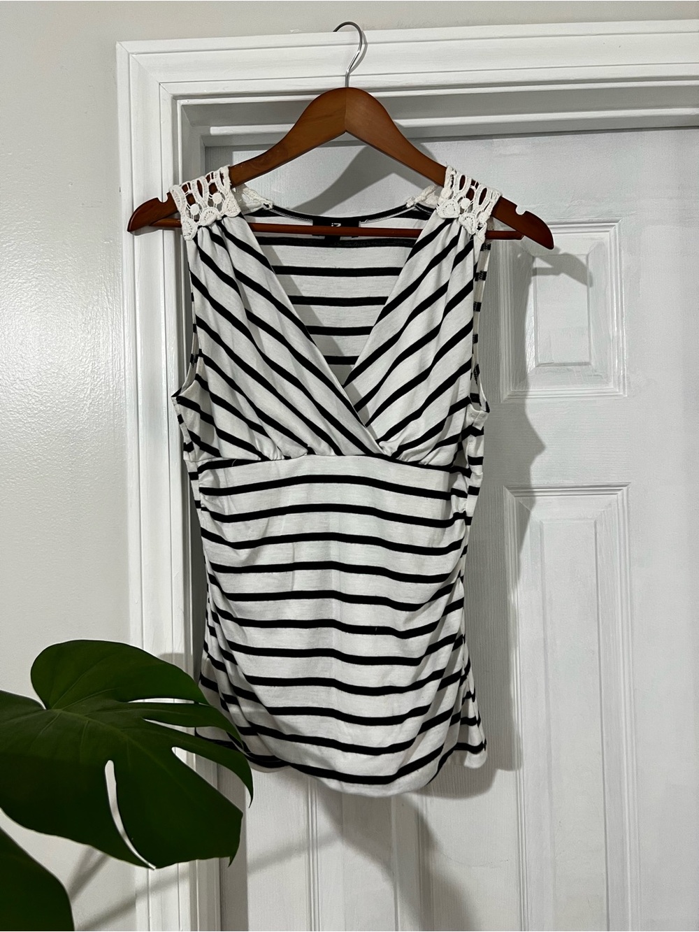 Iz Byer Black and White Striped Sleeveless Wrap Tank with Crochet Shoulders
